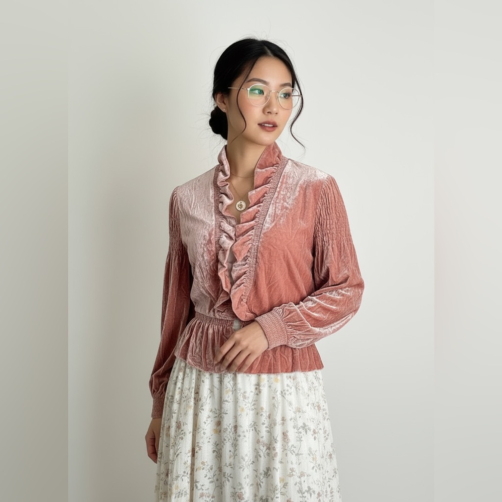 Jill Stuart Blush Velvet Ruffle Blouse